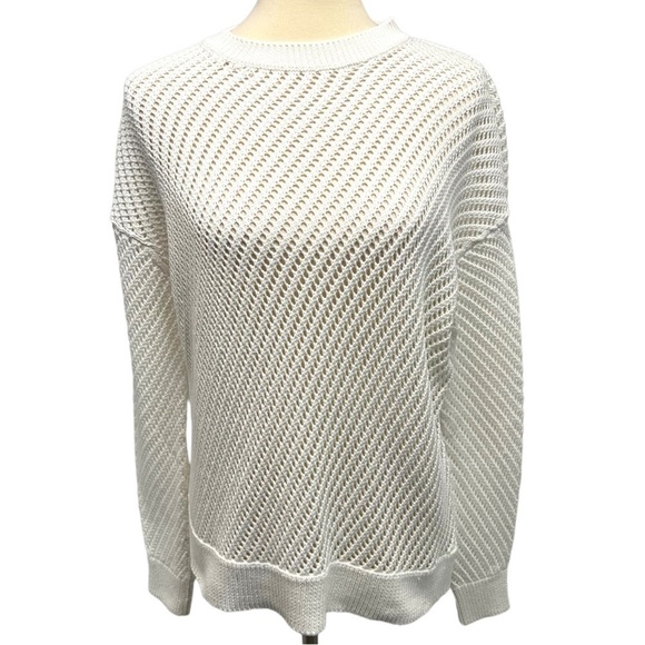 Vince Optic White Cotton Open Weave Crochet Knit Crew Neck Sweater Small - Picture 3 of 11